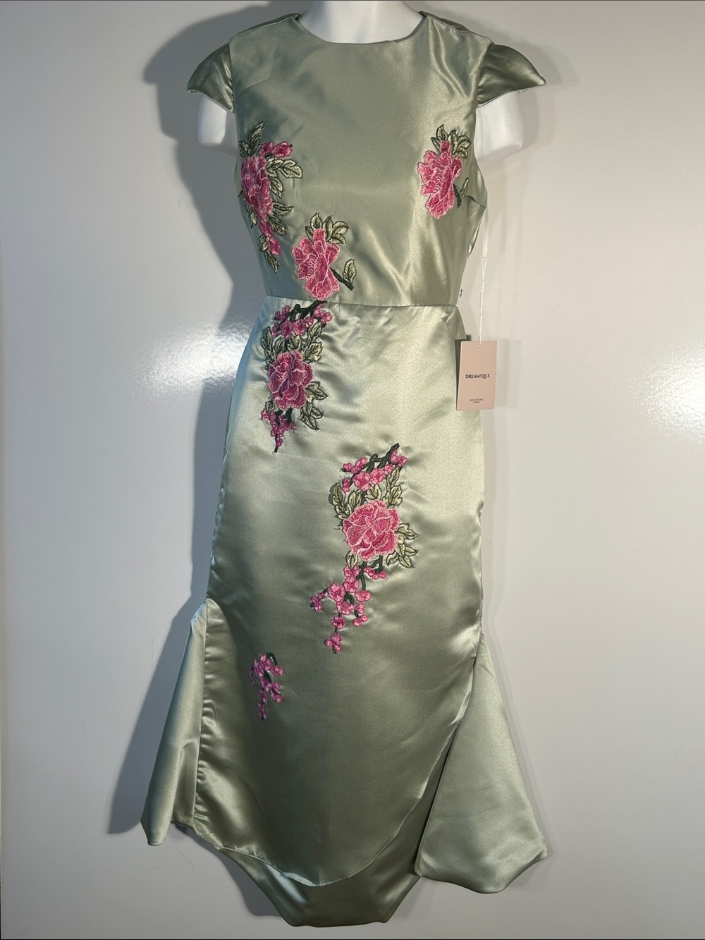 Dreamylily NWT Sage Green Satin Rose Embroidered Maxi Formal Dress Coquette Prom